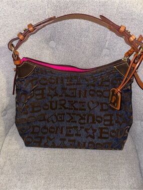 Dooney & Bourke Brown Logo Denim Shoulder Bag with Pink interior